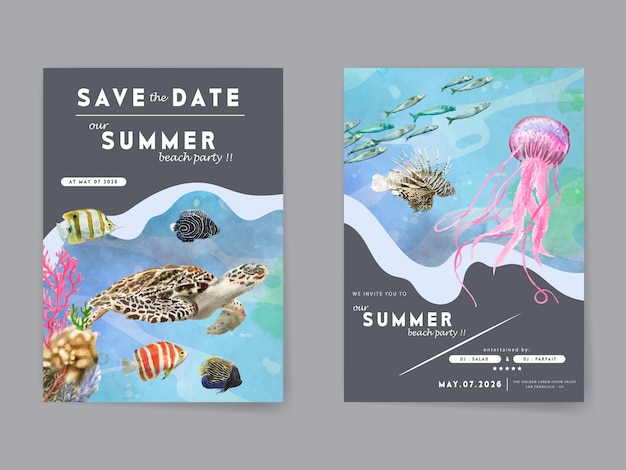 watercolor under sea life party invitation