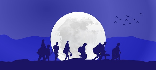 Web banner de design de conceito de refugiados o pássaro está voando pessoas andando na superlua azul noite eps