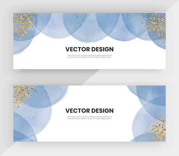 Web banners com formas em aquarela azul e textura de glitter dourado desenho vetorial