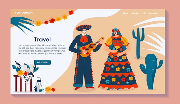 Web de viagem mexicana, personagem masculino com guitarra, fêmea em traje tradicional, ilustração. para o site.