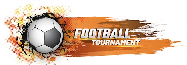 Vetor web design de cabeçalho ou banner para torneio de futebol com bola de futebol sobre fundo amarelo dourado.