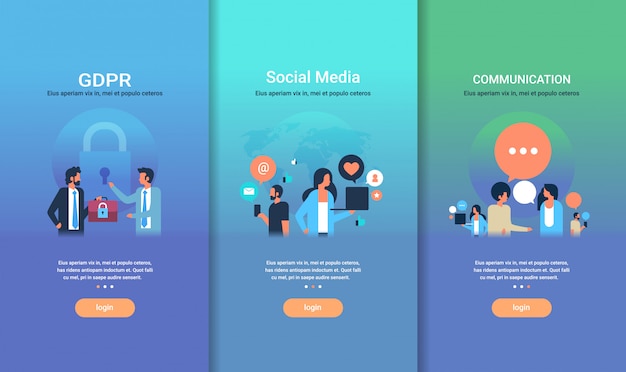 Web design template set gdpr social media communication coleção de conceitos de negócios diferentes