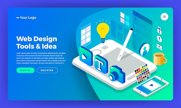 Web designer de design plano isométrico página inicial de maquete