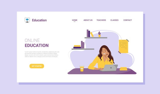 Web Educação Online Página inicial Ilustração vetorial Menina senta-se no computador com livros ao fundo