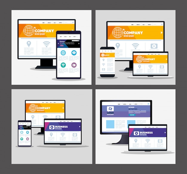 Web responsiva de maquete, desenvolvimento de site de conceito em dispositivos eletrônicos