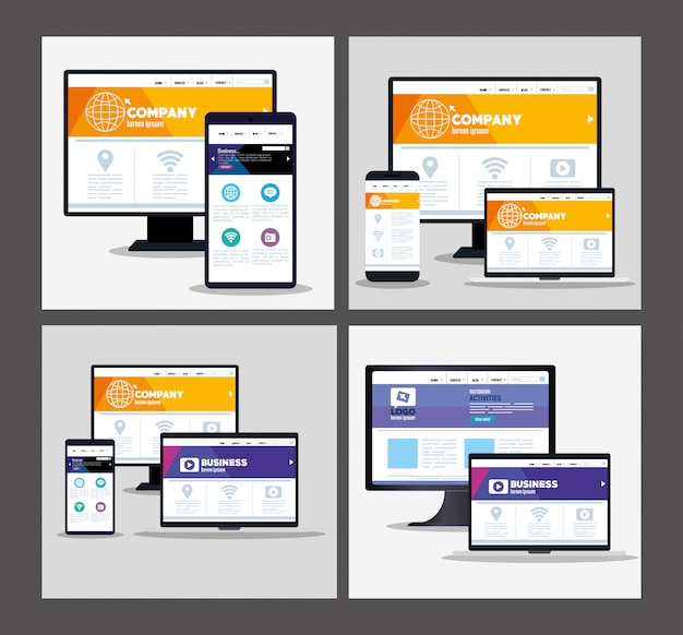Vetor web responsiva de maquete, desenvolvimento de site de conceito em dispositivos eletrônicos