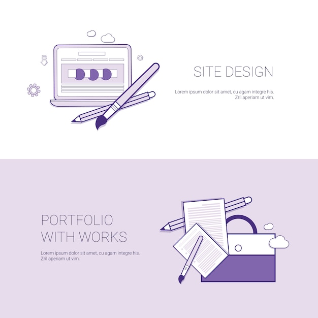 Vetor web site design e portfólio com modelo de trabalho banner com espaço de cópia