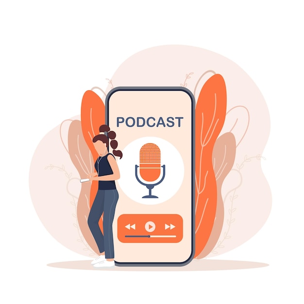 Webcast ao vivo em estilo simples com pessoas ouça podcast ilustração plana ilustração vetorial