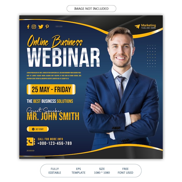 Webinar de marketing digital ao vivo e modelo de postagem de mídia social corporativa