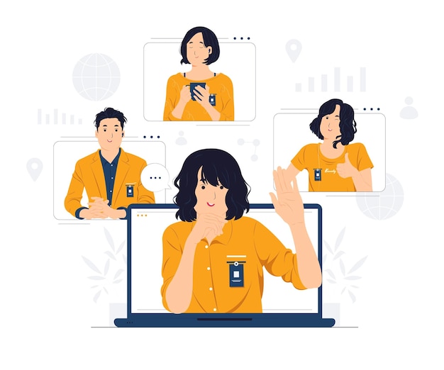 Webinar de teleconferência de videoconferência de negócios usando laptop conversar com colegas de aprendizado on-line e ilustração de conceito de trabalho remoto