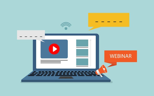 Vetor webinar digital ou conceito de seminário educacional na web on-line com site e vídeo