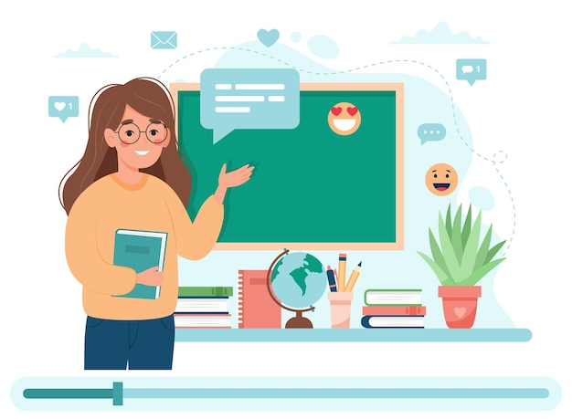 Webinar educação online Professora explicando vídeo na tela Conceito de aprendizagem online da escola