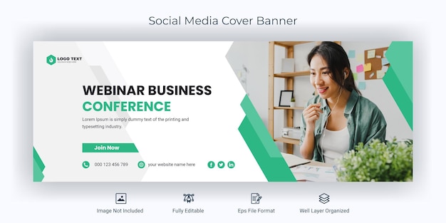 Webinar para conferências de negócios mídia social modelo de banner de capa do facebook