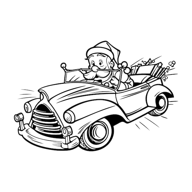 Vetor websanta está montando um carro e está segurando presentes ilustrações de livros infantis página para colorir para k