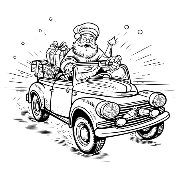 Vetor websanta está montando um carro e está segurando presentes ilustrações de livros infantis página para colorir para k