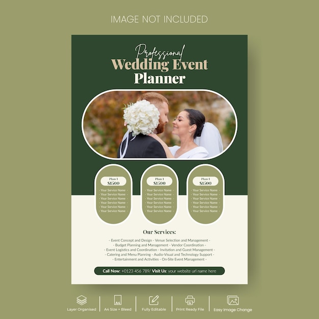 Wedding Event Planner imprimir folheto ou cartaz modelo organizador de eventos vetor folhete ou design de cartaz