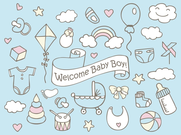 Welcome Baby Boy Fun cute pattern of kids colorful stickers icons Hand drawn doodles sketch