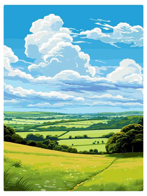 Vetor west wiltshire downs aonb cartaz de viagem vintage souvenir cartão postal retrato pintura ilustração wpa