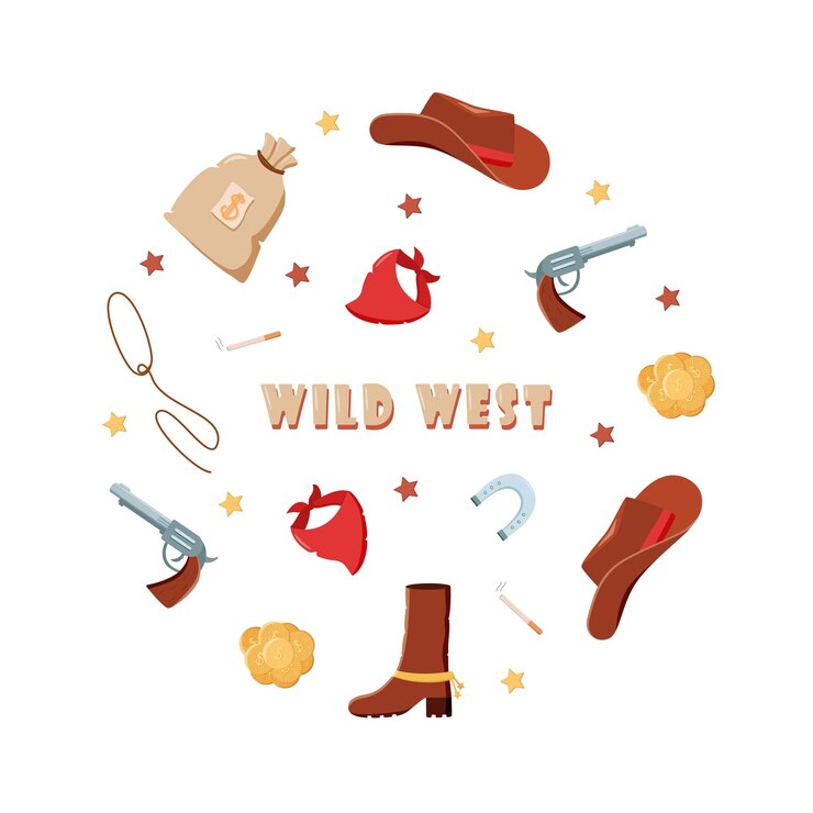 Vetor wild west conjunto de ilustrações vetoriais em forma de círculo a inscrição wild west cowboy elementos ocidentais ícone chapéu lenço de pescoço botas laço bolsa de ferradura e dinheiro pistola e cigarro