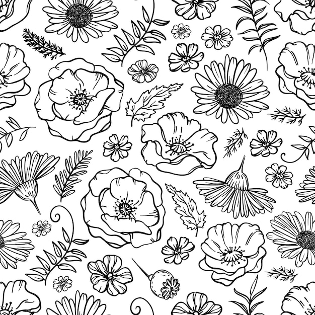 Wildflower sketch monochrome floral sketch with poppy camomile and leaves cartoon seamless pattern