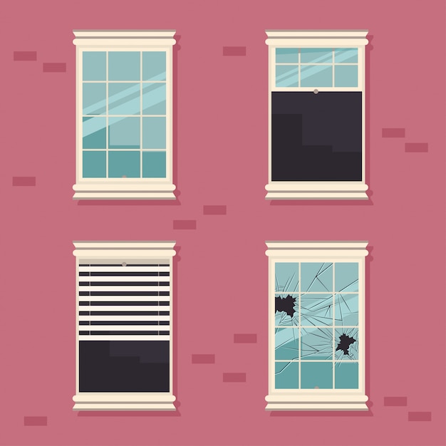 Windows quebrado, aberto, fechado e com cortinas em uma ilustração dos desenhos animados do vetor da parede de tijolo.