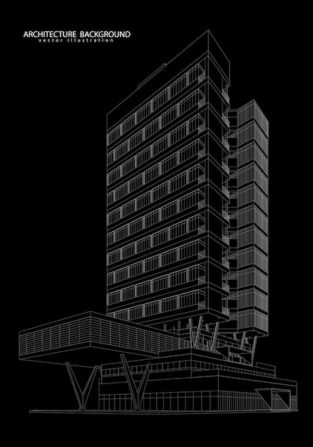 Vetor wireframe 3d do edifício. desenho de esboço.