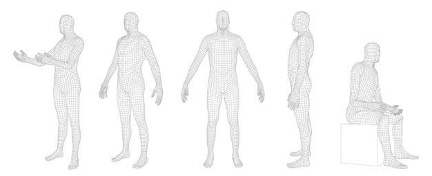 Vetor wireframe corpo humano poligonal malha 3d personagem masculino homem manequim holograma grade e realidade virtual modelo humano cibernético vetor definido com caminhos de traçado editáveis corpo wireframe ilustração