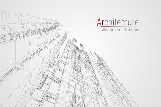 Wireframe de arquitetura moderna. Conceito de wireframe urbano. Ilustração de construção de estrutura de arame de desenho CAD de arquitetura.