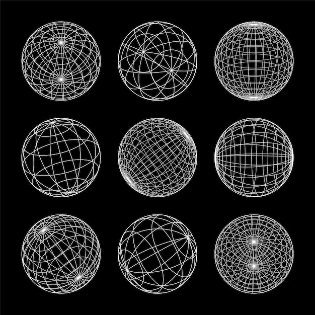 Vetor wireframe formas alinhadas esfera perspectiva malha d grade baixa poli elementos geométricos retro futurista