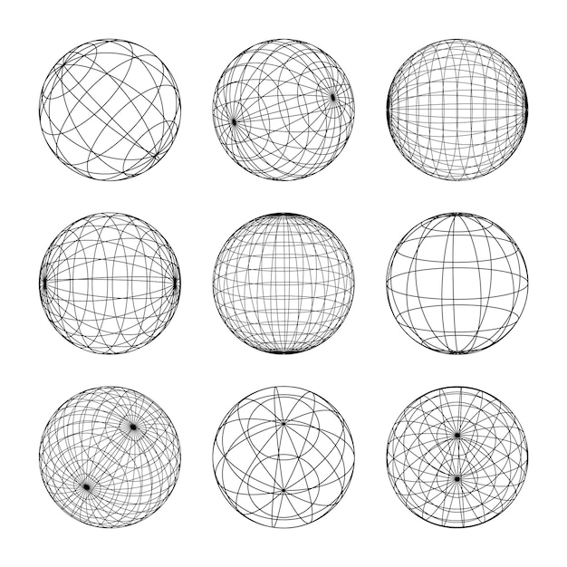 Wireframe formas alinhadas esfera perspectiva malha d grade baixa poli elementos geométricos retro futurista