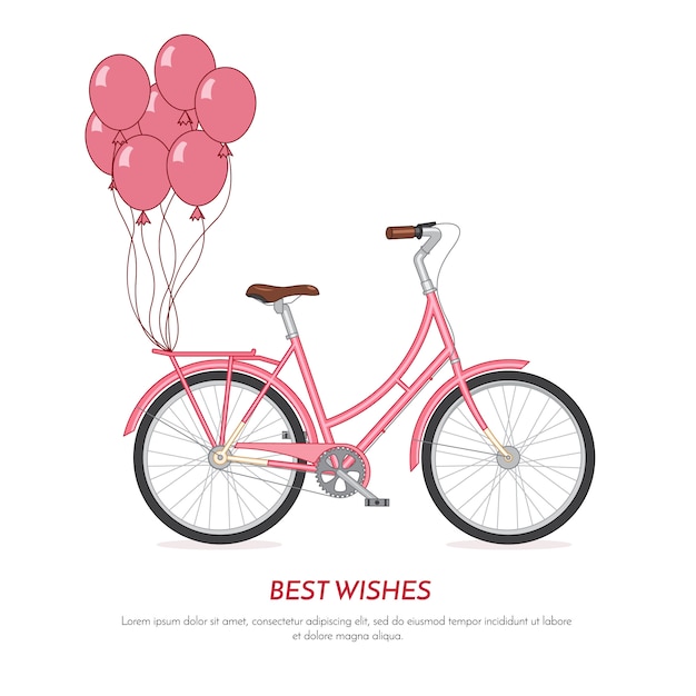 Withballoons retros cor-de-rosa da bicicleta unidos ao tronco. bicicleta de cor vintage em fundo branco