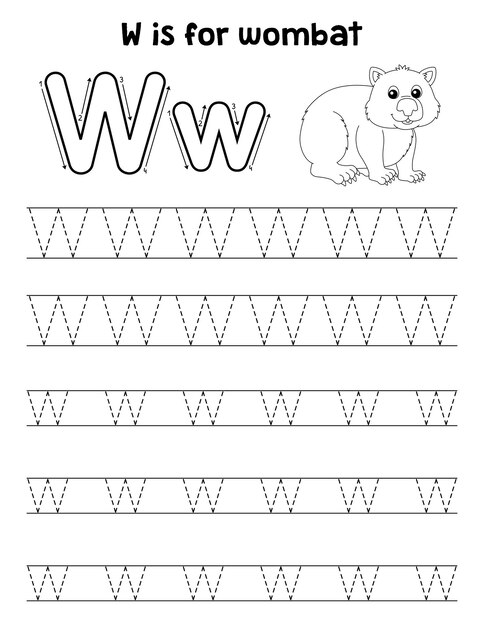 Wombat Animal Tracing Letter ABC Coloring Page W