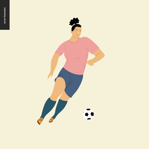 Vetor womens futebol europeu, jogador de futebol - ilustração do vetor plana de uma jovem mulher vestindo equipamento de jogador de futebol europeu chutando uma bola de futebol