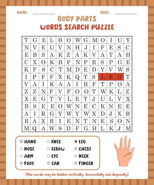 Vetor word search game partes do corpo planilha de quebra-cabeça de busca de palavras para aprender inglês.