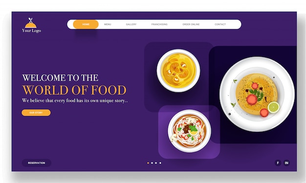 World of food landing page com a apresentação de diferentes pratos em roxo.