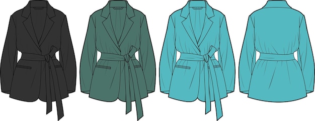 WRAP WAIST BLAZER frente e verso esboço plano modelo de ilustração vetorial de desenho técnico