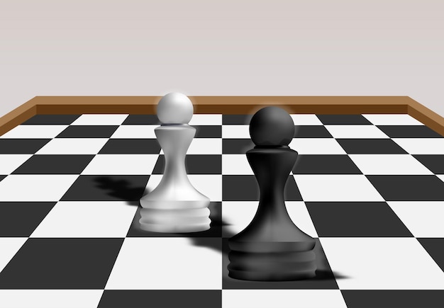 Vetor xadrez peão preto vs xadrez peão branco estratégia de negócios conceito vantagem competitiva em um ambiente de competição de negócios ilustração vetorial de renderização 3d