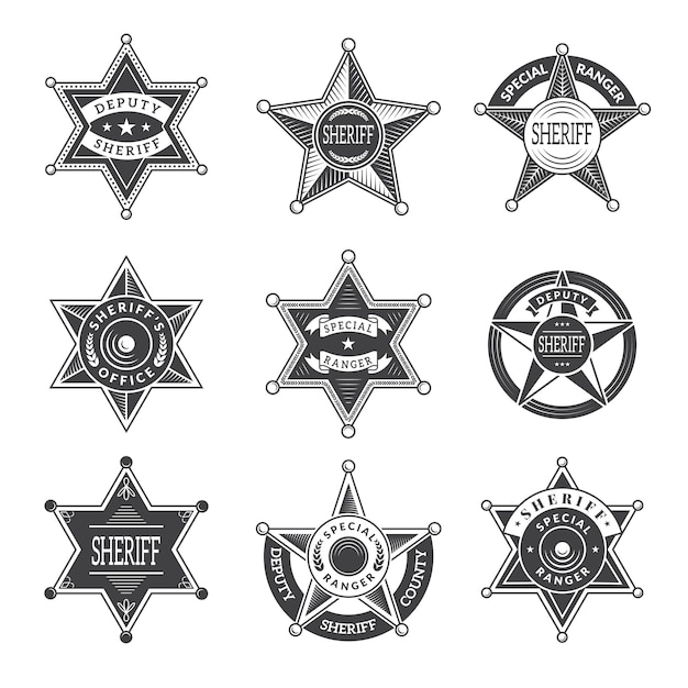 Vetor xerife estrelas distintivos. western star texas e rangers escudos ou logotipos vintage fotos