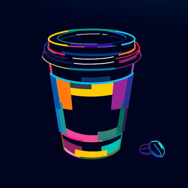 Vetor xícara de café abstrata com grãos de café xícara de café reutilizável de tintas multicoloridas desenho colorido