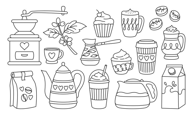 Vetor xícara de café bebida feijões pote cezve conjunto linear caneca espresso muffin chaleira xícaras de café com leite para ir ao menu doodle