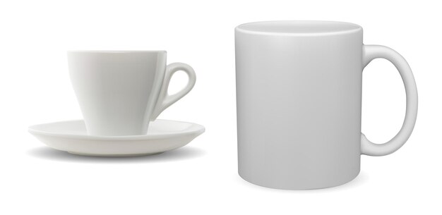 Xícara de café branca. caneca de chá de porcelana em branco. modelo de copo de cerâmica, modelo de bebida matinal. conjunto de caneca com alça para bebida cappuccino