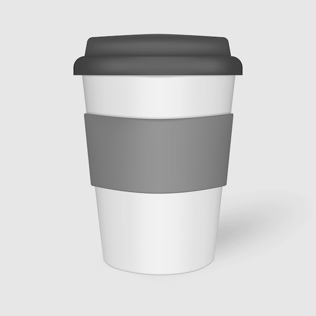 Xícara de café branca com tampa preta e maquete de proteção de manga. Maquete de caneca ecológica de viagem. Modelo vetorial
