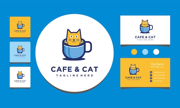 Xícara de café com vetor de design de logotipo de café de gato