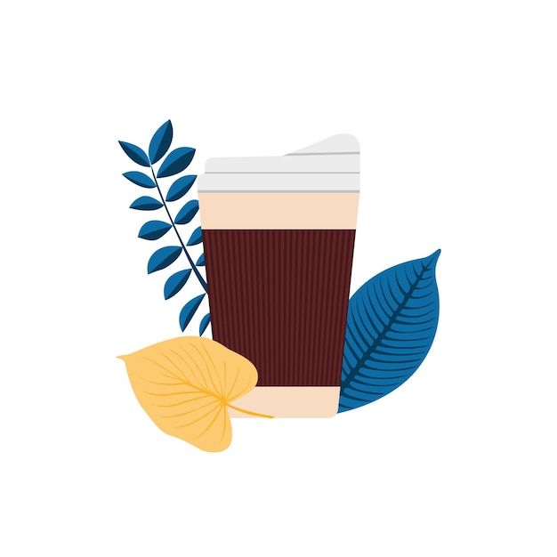 Xícara de café de papel com folhas Conceito de bebida quente para viagem Ilustração plana simples
