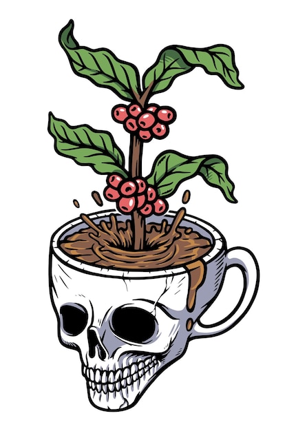 Xícara de café e ilustração de árvore de café