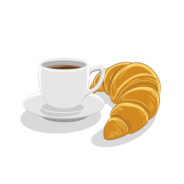 Vetor xícara de café e ilustração vetorial de café da manhã croissant
