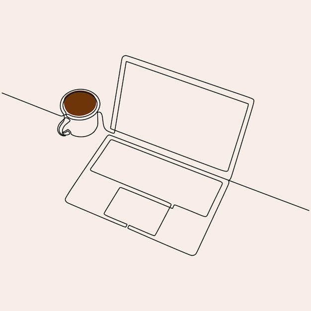 Xícara de café e laptop oneline linha única editável contínua