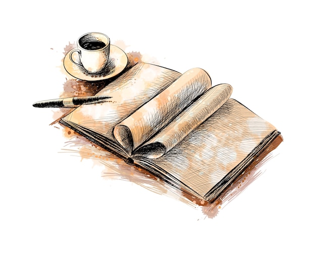 Xícara de café e um livro com uma caneta de um toque de aquarela, esboço desenhado à mão. ilustração de tintas