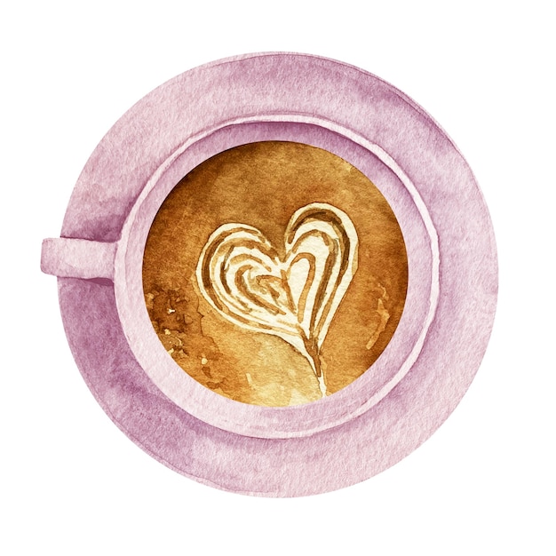 Xícara de café em aquarela com padrão de coração em uma vista superior do copo rosa