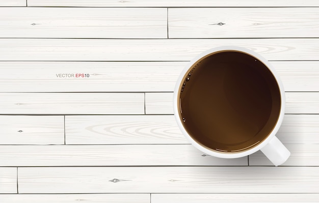 Vetor xícara de café em fundo de textura de madeira branca. ilustração vetorial.